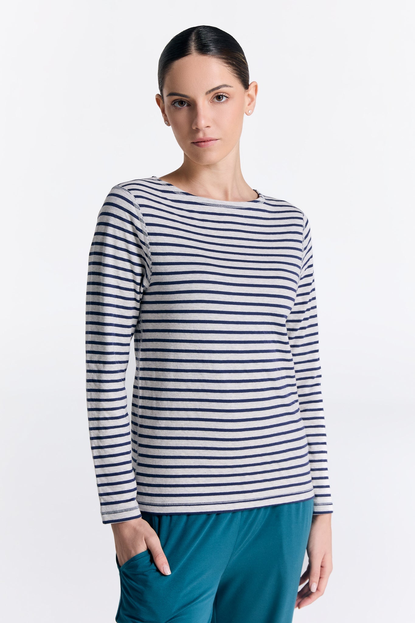 1228-107 | Damen Wendelangarmshirt - Marineblau/Beige
