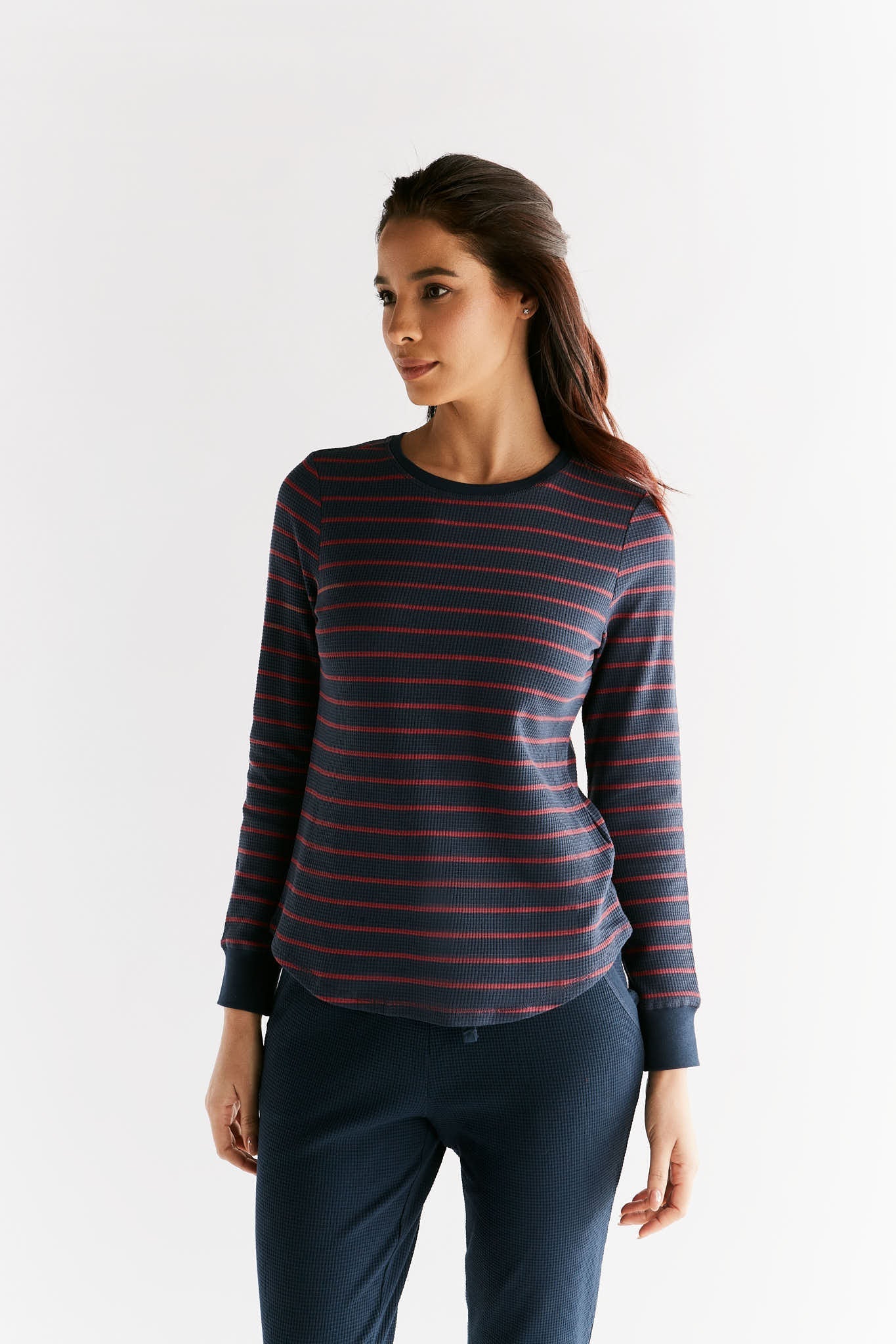 1252-049 | Waffel Strick Damen Langarmshirt - Indigo/Rosarot