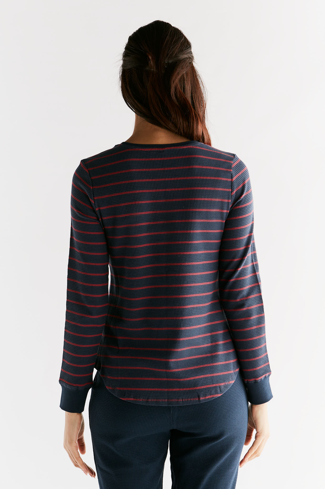 1252-049 | Waffel Strick Damen Langarmshirt - Indigo/Rosarot