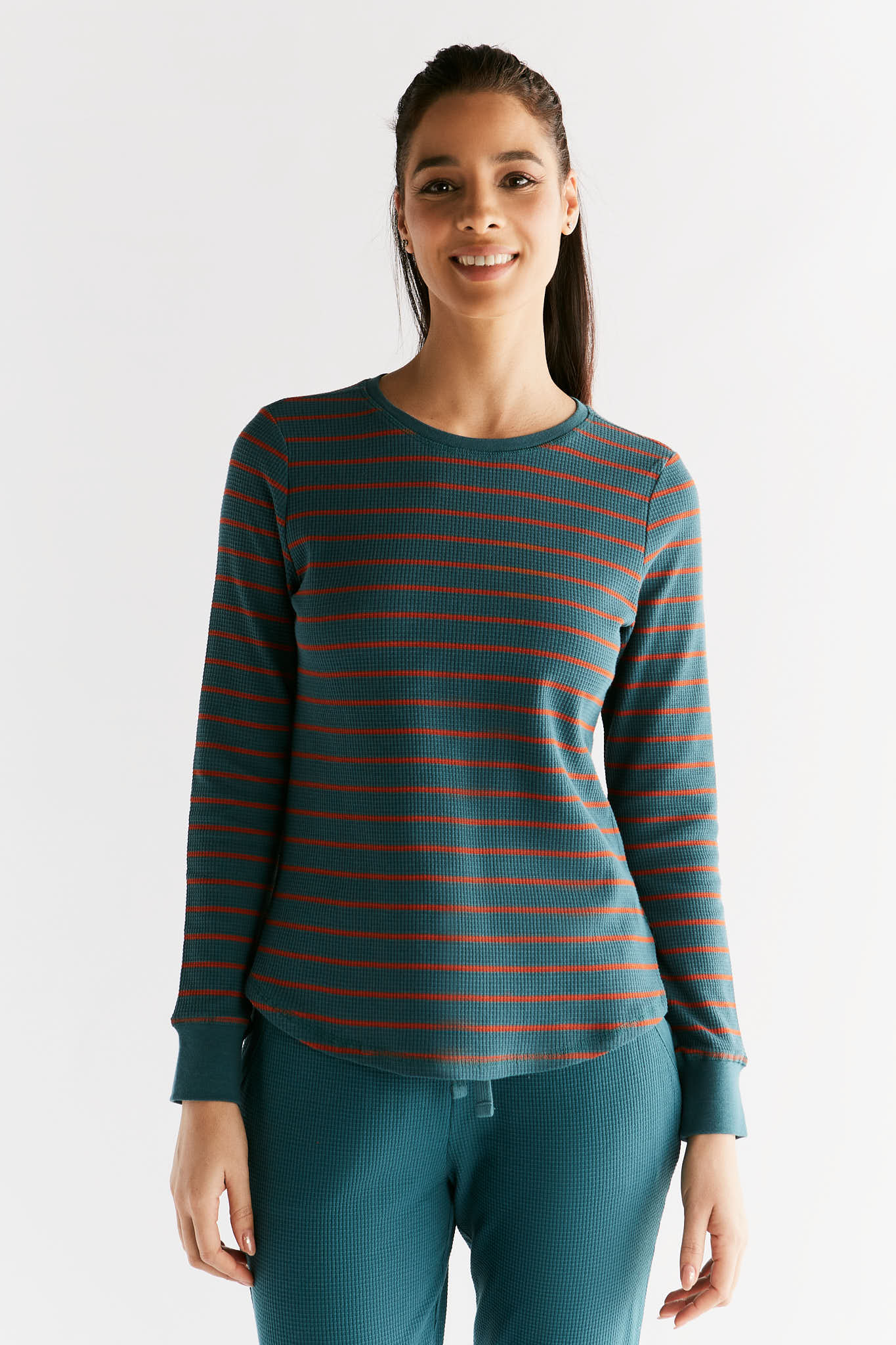 1252-051 | Waffel Strick Damen Langarmshirt - Tanne/Tabasco