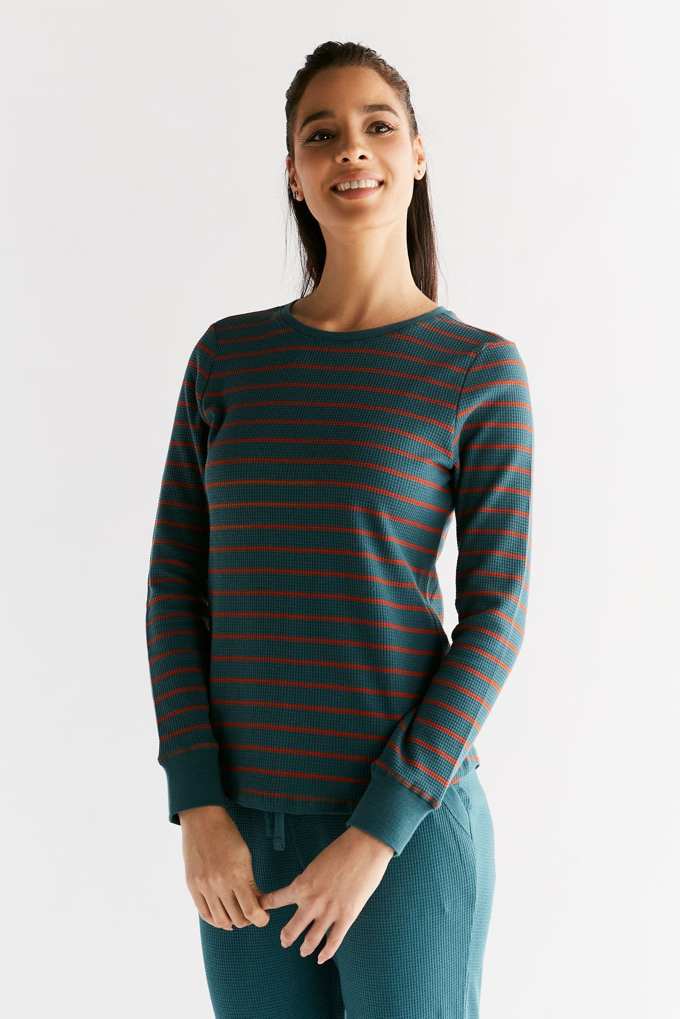 1252-051 | Waffel Strick Damen Langarmshirt - Tanne/Tabasco