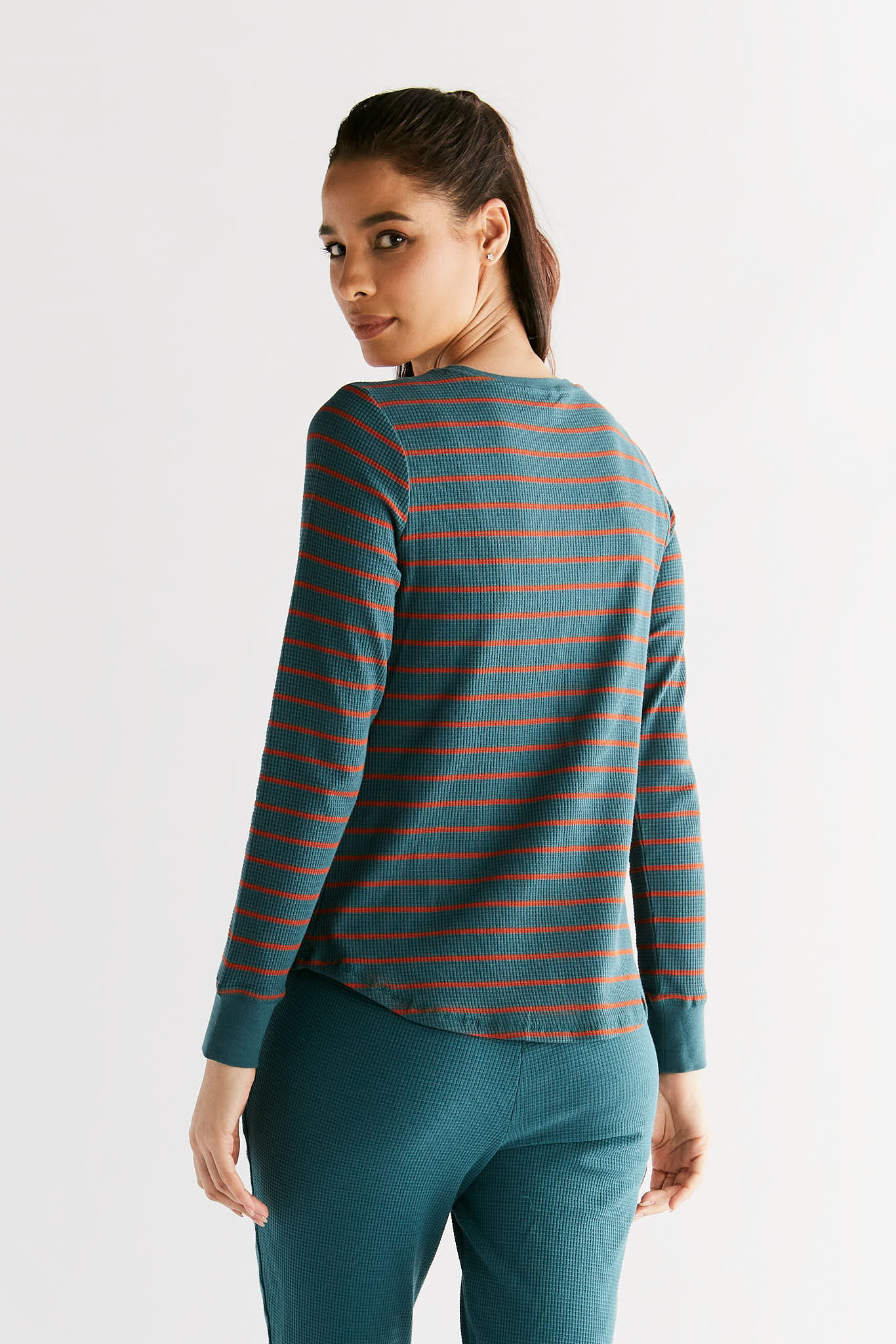 1252-051 | Waffel Strick Damen Langarmshirt - Tanne/Tabasco