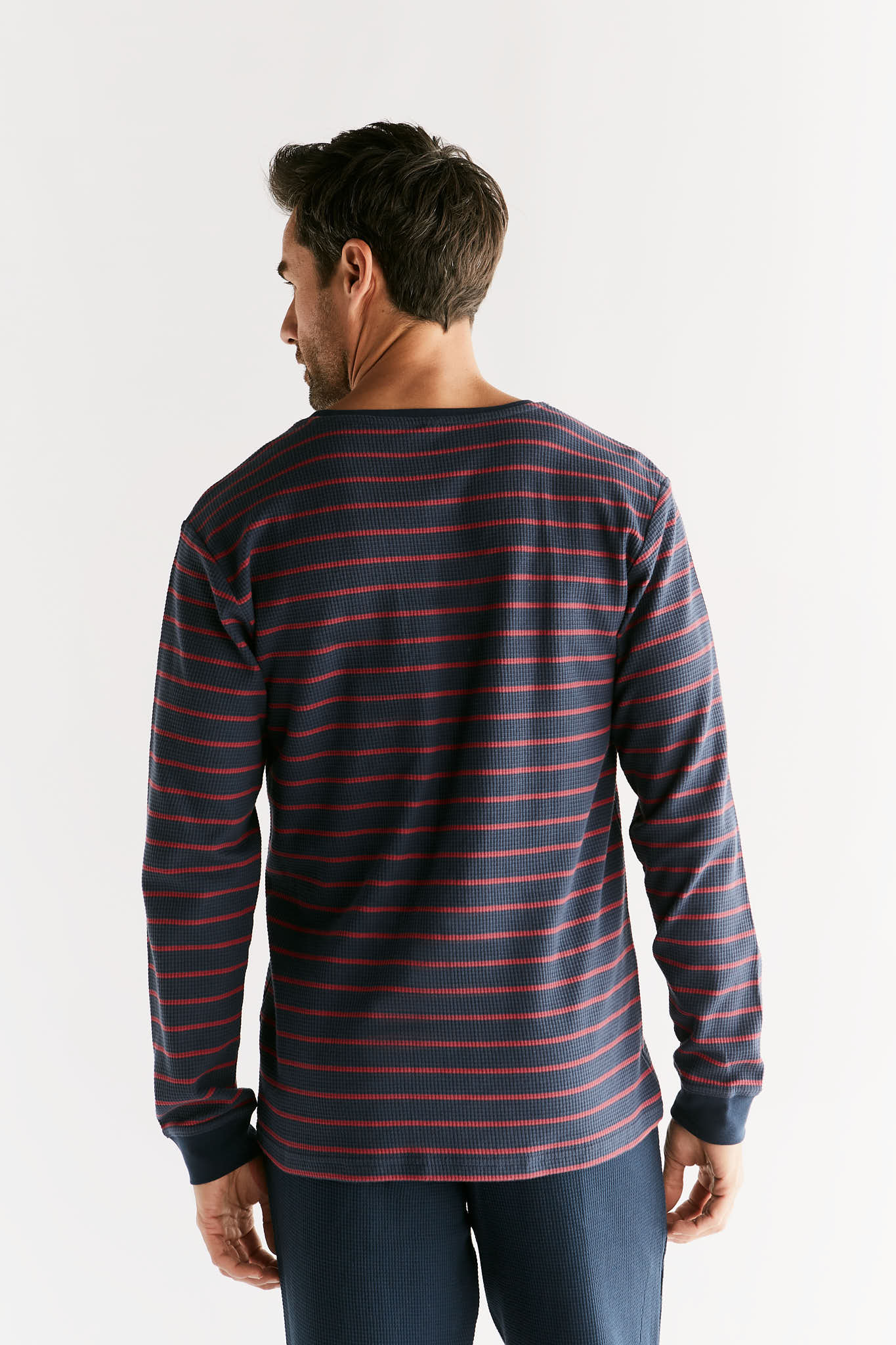 2208-049 | Waffel Strick Herren Langarmshirt - Indigo/Rosarot