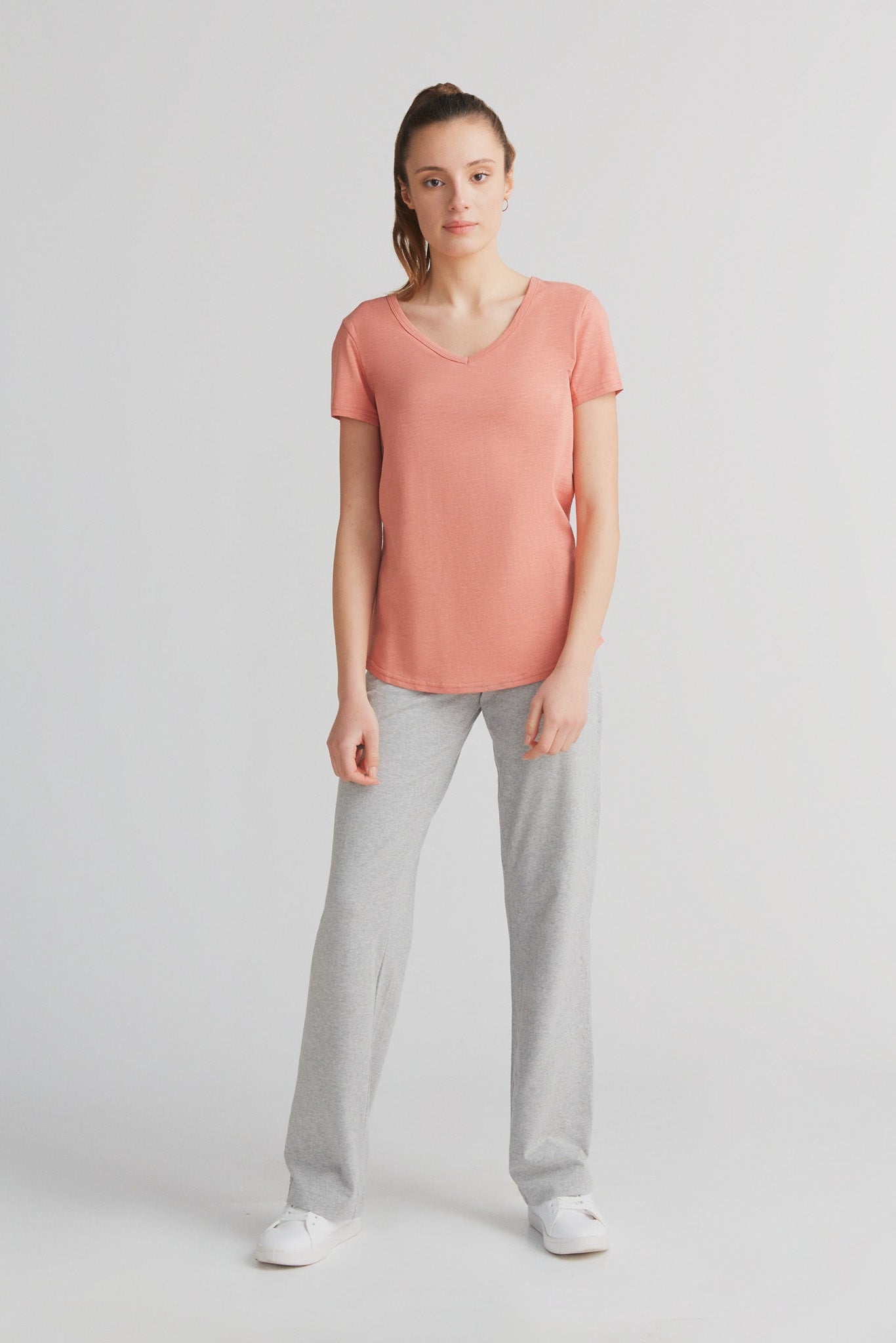1223-053 | Damen Flammé V-Neck T-Shirt - Lachsrot
