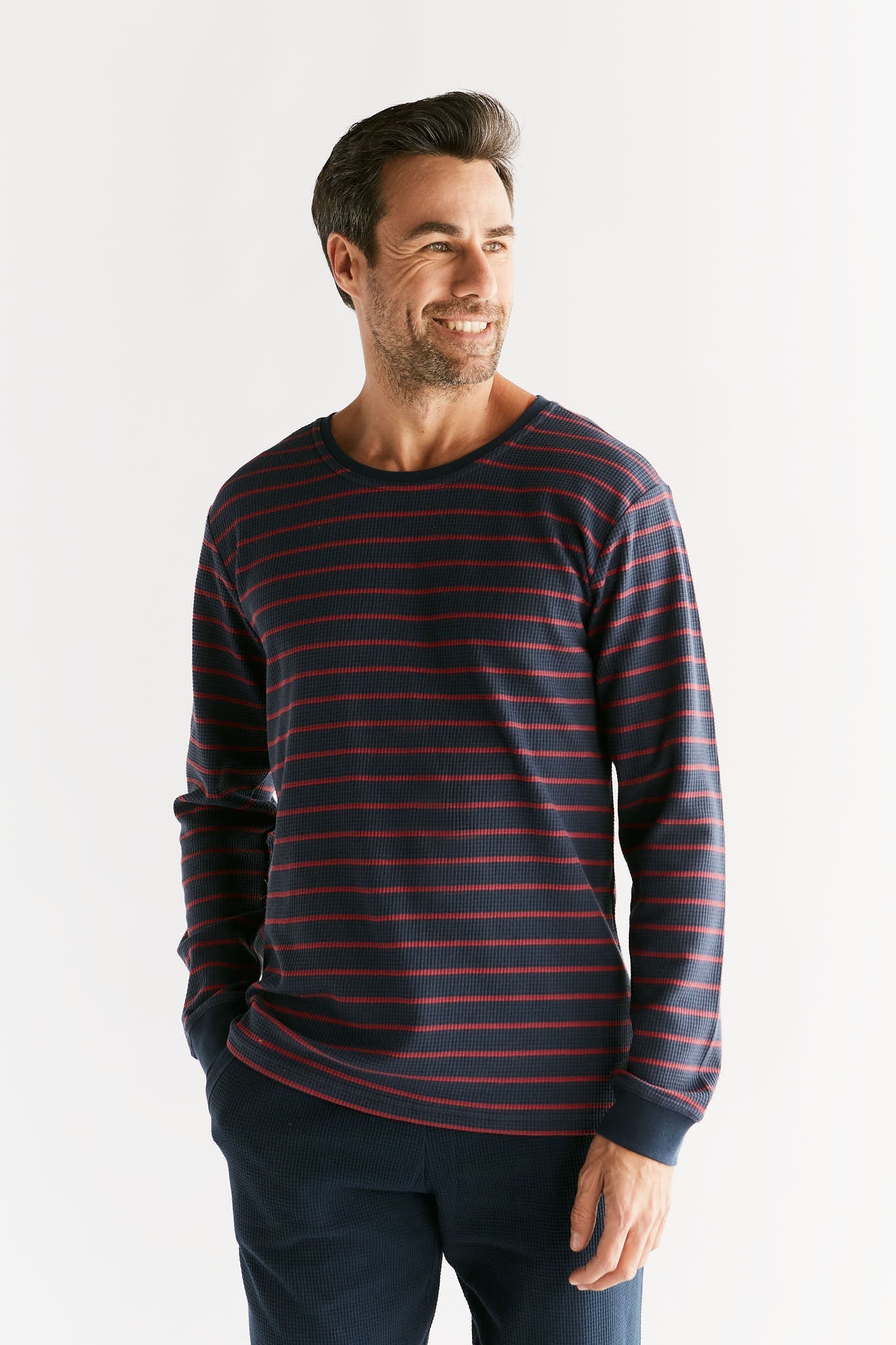 2208-049 | Waffel Strick Herren Langarmshirt - Indigo/Rosarot