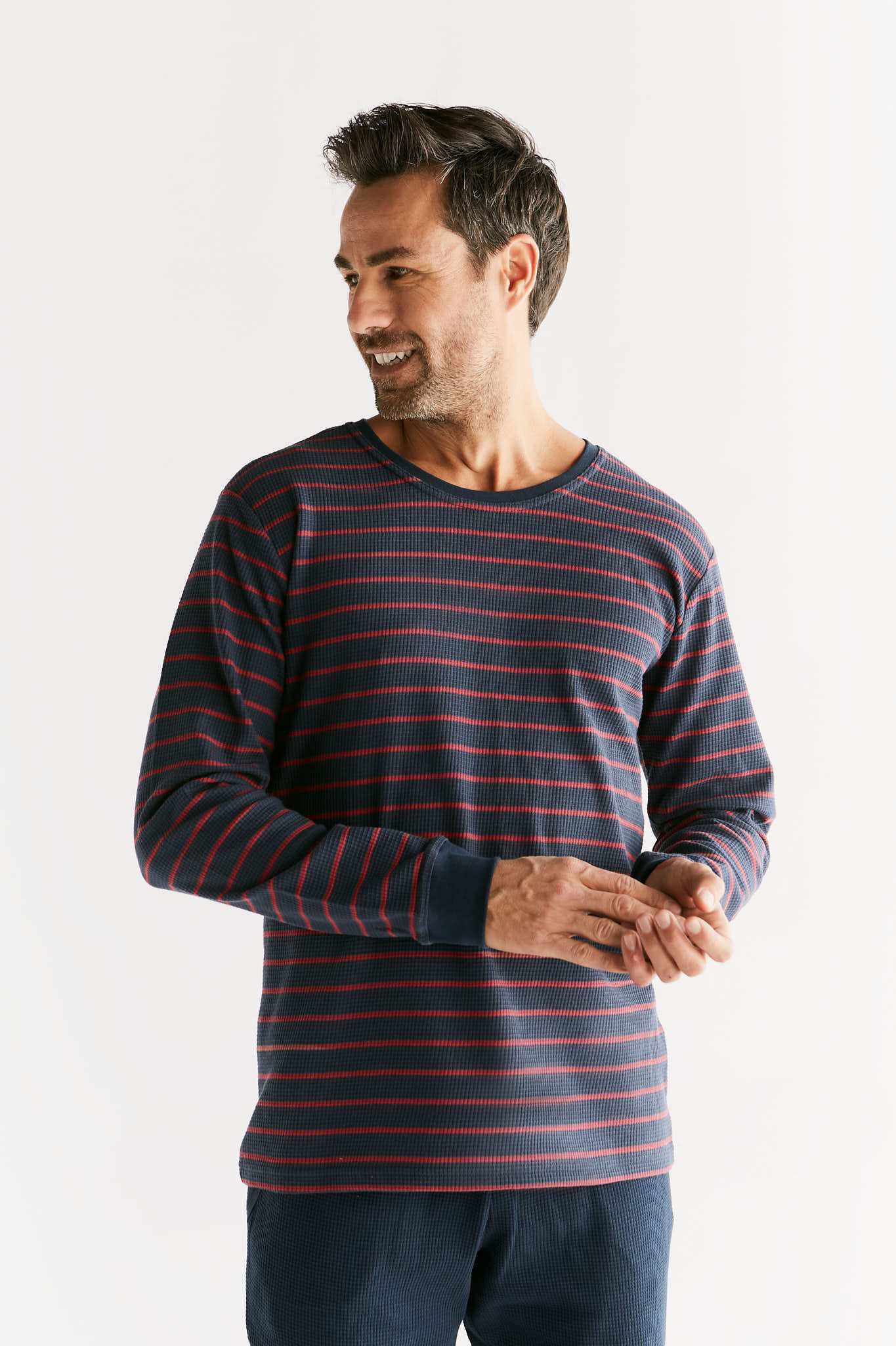 2208-049 | Waffel Strick Herren Langarmshirt - Indigo/Rosarot